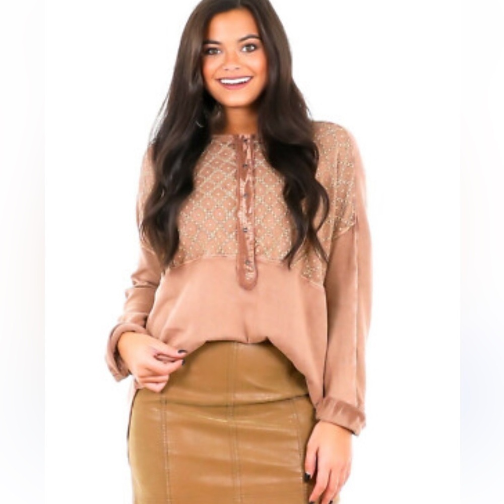 Free People Free Spirit Henley Top Embroidered Hi Low Button Oversized Tunic M